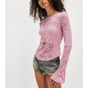 FREE PEOPLE Sheer Lace Flared Long Sleeve Top / Orchid Smoke